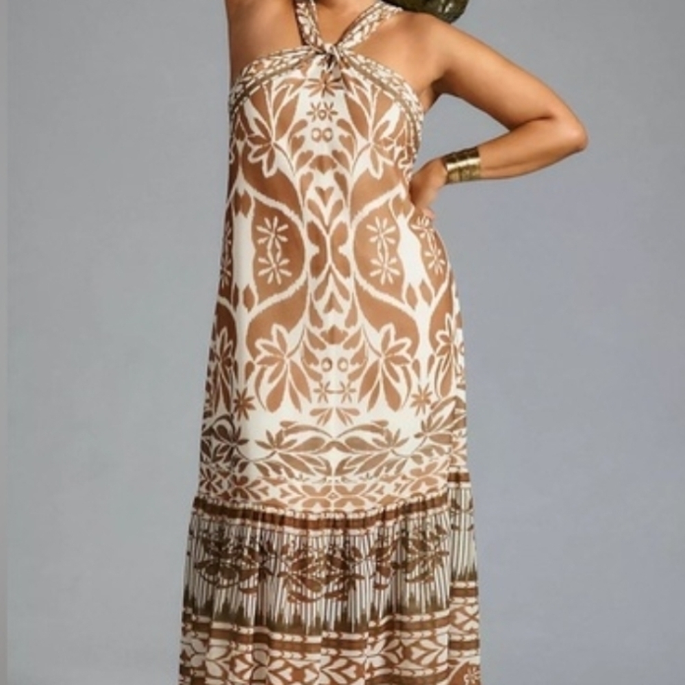 Anthropologie Vineet Bahl Printed Halter Dress in BROWN MOTIF
